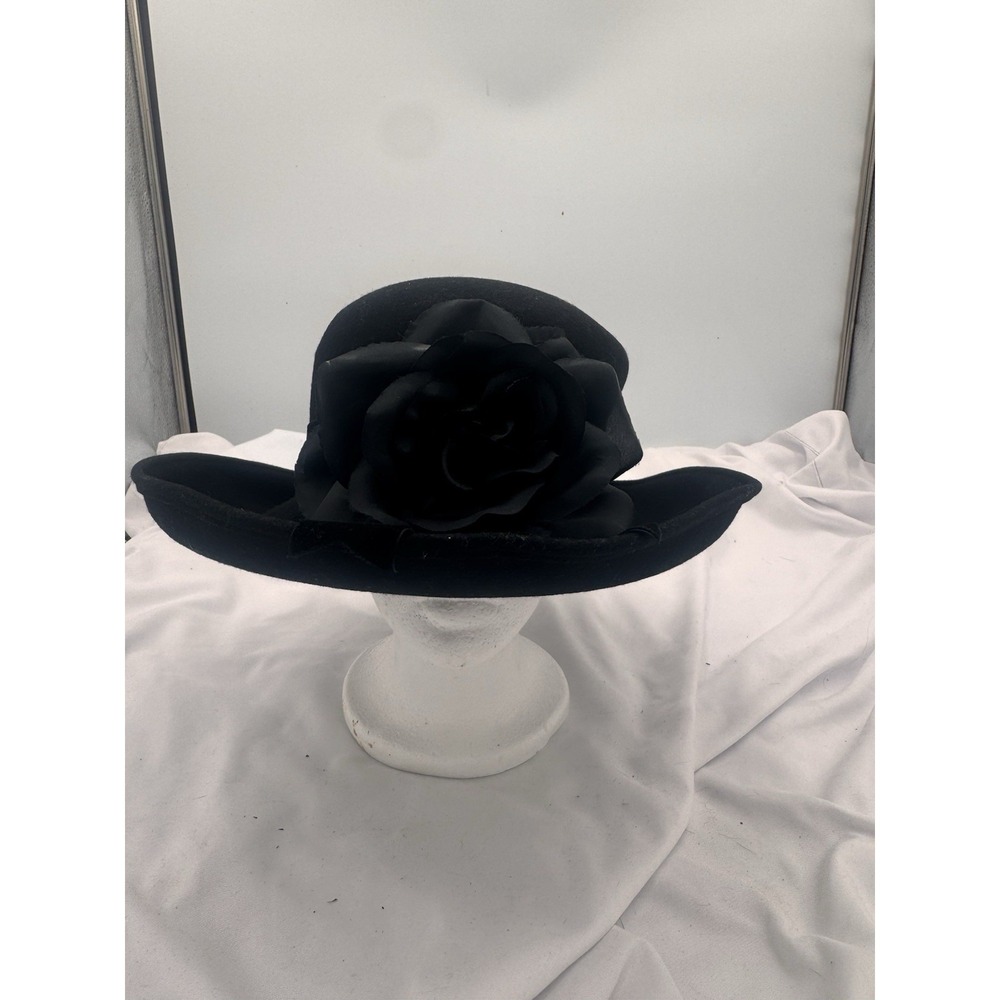 TINA LUXE Floral Wide Brim Women's Black 100% Wool‎  Church Hat Easter Funeral
